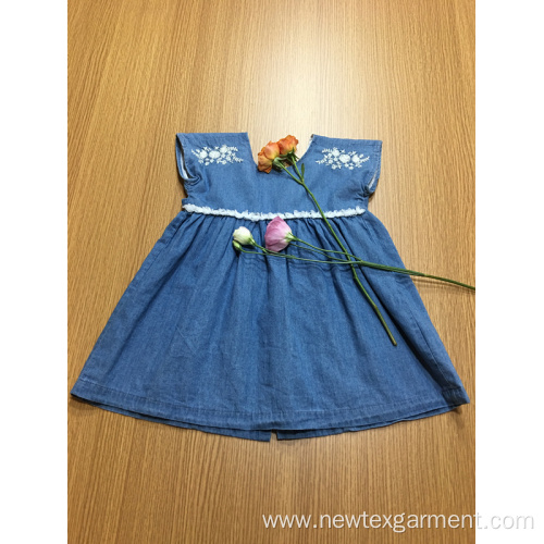 blue denim embroidery lace casual girls dress